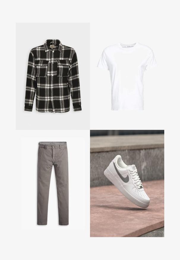 Sort-hvid ternet flannel skjorte med lange ærmer, knaplukning, to forlommer og klassisk krave. Blød tekstur.; Hvid bomulds t-shirt med rund halsudskæring og korte ærmer, i en klassisk pasform og glat tekstur. Ingen mønstre eller hardware synlige.; Grå chinos med en glat tekstur, lige ben, standard fem-lomme stil og en metalknap i taljen.; Hvid Nike Air Force 1 sneaker med gråt swoosh-logo svævende over en stensurface og en grå stenvæg i baggrunden.