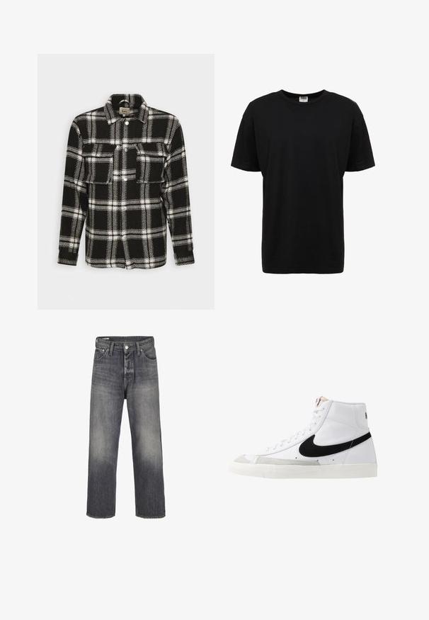 Schwarz-weißer kariert gestreifter Flanellhemd mit langen Ärmeln, Knopfverschluss, zwei Fronttaschen und klassischem Kragen. Weiche Textur.; Schwarzes Baumwoll-T-Shirt mit Rundhalsausschnitt, kurzen Ärmeln, normaler Passform, glatter Textur und ohne sichtbare Muster oder Akzente.; Denim Jeans in einem verblassten Schwarzton, mit geradem Bein, Fünf-Taschen-Stil und Metallknopfverschluss an der Taille.; Weiße High-Top-Sneaker mit einem schwarzen Swoosh, strukturiertem grauen Zehenkappeneinsatz und flacher weißer Sohle. Verfügt über sechs Ösen und genähte Akzente.