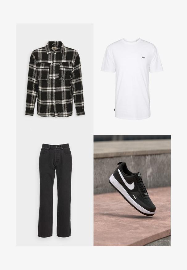 Camisa de franela a cuadros en blanco y negro con mangas largas, cierre de botones, dos bolsillos frontales y un cuello clásico. Textura suave.; Camiseta de algodón blanca de manga corta y cuello redondo. Presenta un pequeño parche del logo negro de Vans en el lado izquierdo del pecho.; Jeans de denim negro con un diseño de pierna recta, que cuentan con un cierre de botón frontal, lazos para cinturón y dos bolsillos laterales. Tejido texturizado.; Zapatilla Nike Air Force 1 en blanco y negro suspendida sobre una superficie de concreto rosa con un fondo de piedra gris.