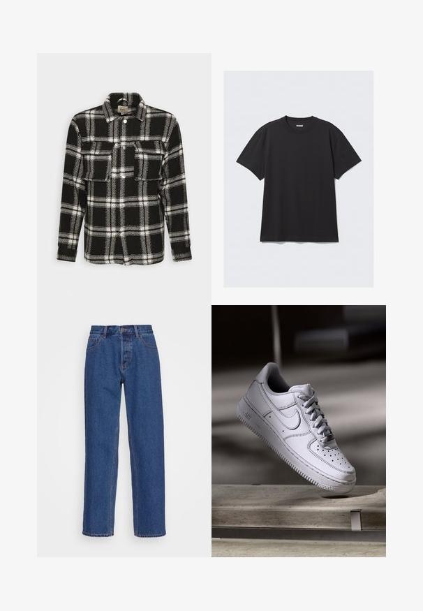 Schwarz-weißer kariert gestreifter Flanellhemd mit langen Ärmeln, Knopfverschluss, zwei Fronttaschen und klassischem Kragen. Weiche Textur.; Schwarzes T-Shirt mit kurzen Ärmeln aus Baumwolle. Hat einen Rundhalsausschnitt und eine lockere Passform. Einfaches Design ohne sichtbare Muster oder Akzente.; Blaue Jeans aus Denim mit einem klassischen geraden Bein-Design, ausgestattet mit einer hohen Taille, Gürtelschlaufen und dezenten Stickdetails.; Weißer Nike Air Force 1 Sneaker aus Leder mit perforierter Zehenpartie, flachen Schnürsenkeln und strukturierter Gummisohle mit "AIR"-Branding an der Seite.