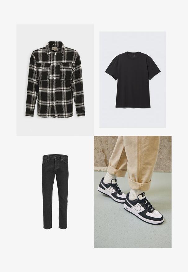 Sort-hvid ternet flannel skjorte med lange ærmer, knaplukning, to forlommer og klassisk krave. Blød tekstur.; Sort kortærmet t-shirt lavet af bomuld. Har en rund halsudskæring og en afslappet pasform. Enkel design uden synlige mønstre eller accenter.; Sorte denimbukser med lige ben, fem lommer og bæltestropper, der har en let falmet tekstur og kontraststing. ; Sorte og hvide Nike Air Force 1 sneakers med læderoverdel, perforeret tå og tekstureret såldetalje, båret med rullede beige bukser og hvide sokker.