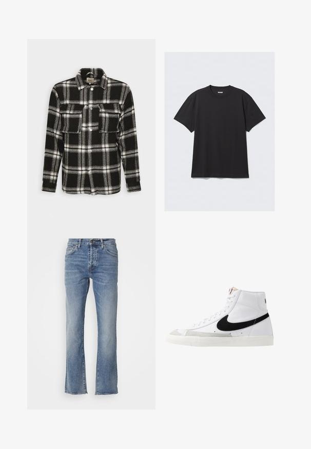 Schwarz-weißer kariert gestreifter Flanellhemd mit langen Ärmeln, Knopfverschluss, zwei Fronttaschen und klassischem Kragen. Weiche Textur.; Schwarzes T-Shirt mit kurzen Ärmeln aus Baumwolle. Hat einen Rundhalsausschnitt und eine lockere Passform. Einfaches Design ohne sichtbare Muster oder Akzente.; Hellblaue Denim-Jeans mit geradem Bein, fünf Taschen und einem kleinen Metallknopf am Bund. Ausfransender Saum.; Weiße High-Top-Sneaker mit einem schwarzen Swoosh, strukturiertem grauen Zehenkappeneinsatz und flacher weißer Sohle. Verfügt über sechs Ösen und genähte Akzente.