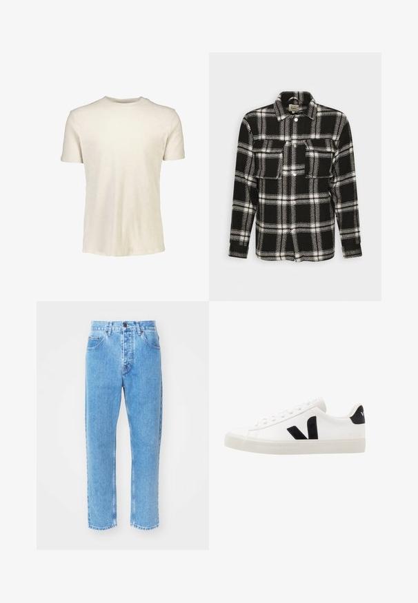 Sort-hvid ternet flannel skjorte med lange ærmer, knaplukning, to forlommer og klassisk krave. Blød tekstur.; Kortærmet T-shirt i lyse beige, lavet af blødt bomuld. Har en rund halsudskæring og en glat tekstur uden mønstre eller grafik.; Lyseblå denimjeans har en lige ben-design, fem lommer og en klassisk knaplukning i taljen.; Hvide lædersneakers med sorte ruskindsdetaljer; har en gummisål, rund tå og klassisk snørebåndsdesign. Side logo i sort.