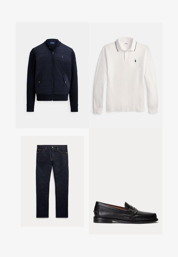 Mørkeblå hættejakke med lynlås, quiltet front, ribbede manchetter, to sidelommer og et logo på brystet. Har en glat stoftekstur.; Hvid langærmet poloshirt med sort kant på kraven og lille sort broderet logo på venstre bryst.; Mørke denimjeans med lige ben, fem lommer, orange syninger og lukning med knapper. Stoffet har en glat tekstur.; Sort læderloafer med lav hæl og pennyremdetalje, vist fra siden på en lysegrå baggrund.