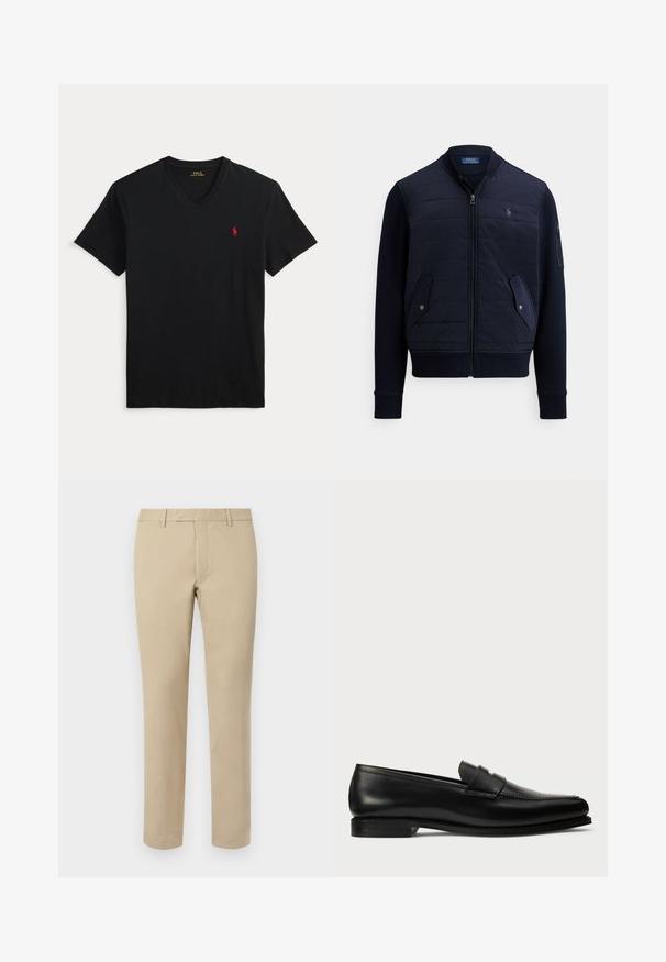 Mørkeblå hættejakke med lynlås, quiltet front, ribbede manchetter, to sidelommer og et logo på brystet. Har en glat stoftekstur.; Sort V-hals T-shirt med korte ærmer og et lille rødt Polo Ralph Lauren-logo på venstre bryst.; Beige bomuldsbukser med lige pasform, der har bæltesløjfer, glat front og skræddersyede søm. Glat tekstur og minimal detaljer.; Sort læder loafersko med rund tå, udstyret med en rem over vamsen, glat tekstur og en lav stakheel.
