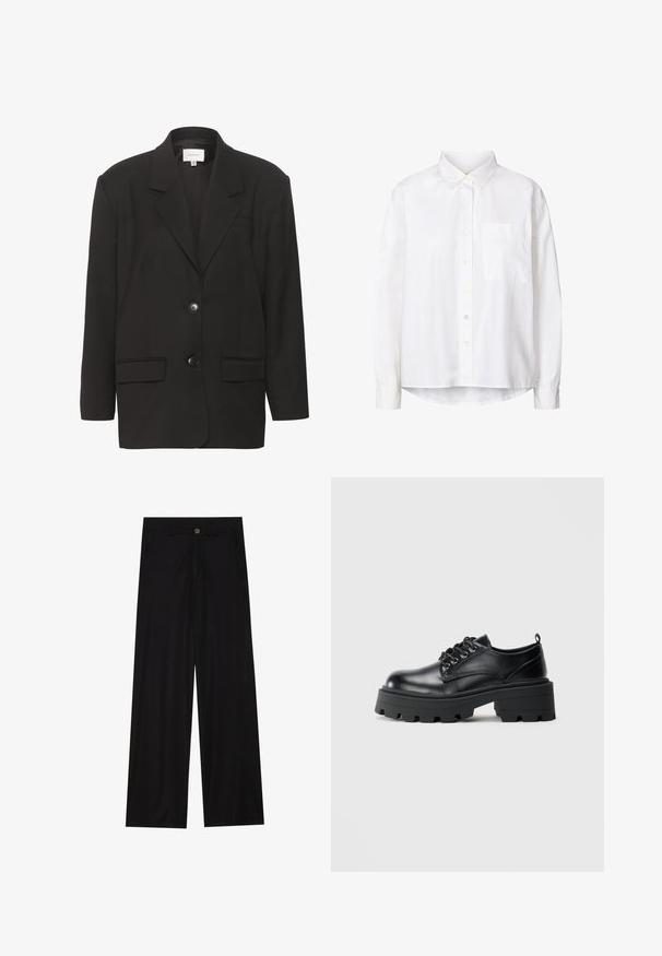 Veste noire, avec revers en dent de scie, deux poches avant et deux boutons. Tissu lisse avec une coupe ajustée et des épaules structurées.; Chemise blanche à manches longues et boutonnière en tissu léger, dotée d'un col classique, d'une poche poitrine unique et d'un ourlet arrondi.; Pantalons noirs à jambes larges en tissu lisse, avec poches avant et fermeture à bouton à la taille. Design minimaliste sans motifs.; Chaussures en cuir noir avec un bout arrondi, un laçage et une semelle en caoutchouc épaisse avec des crampons profonds. Détails de couture simples le long des bordures.