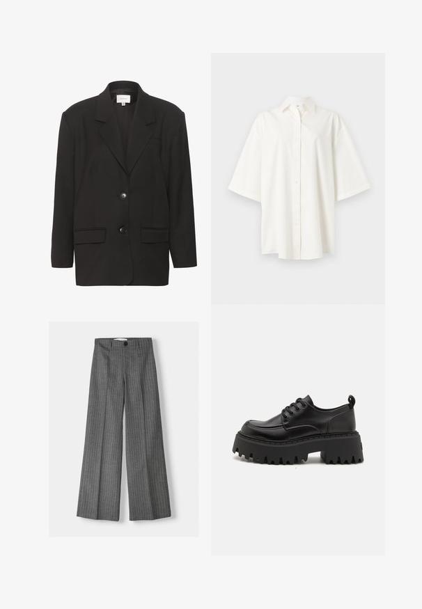 Veste noire, avec revers en dent de scie, deux poches avant et deux boutons. Tissu lisse avec une coupe ajustée et des épaules structurées.; Chemise blanche à manches courtes avec boutons, col, ourlet droit et coupe ample sur un fond clair uni.; Pantalons large gris à rayures, dotés d'une fermeture à bouton et de deux poches avant. Fabriqués en tissu texturé.; Chaussures à plateforme en cuir noir avec une semelle en caoutchouc épaisse et striée, comportant six œillets. Présentent un bout arrondi et une languette au talon pour un enfilage facile.