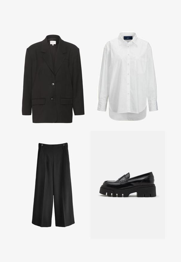 Zwarte blazer met ingezette revers, twee voorzakken en twee knopen. Glad materiaal met een getailleerde pasvorm en gestructureerde schouders.; Witte lange mouwen shirt van glad katoen met een button-down kraag, voorzak en ronde zoom. Heeft een achterpand voor extra structuur.; Zwarte wijde broek met hoge taille, gemaakt van een gladde stof. Bevat twee voorkeurs en twee knopen bij de tailleband.; Zwarte leren loafers met een chunky, gestructureerde platformzool en een decoratieve strap over de bovenkant. Gladde, glanzende afwerking.