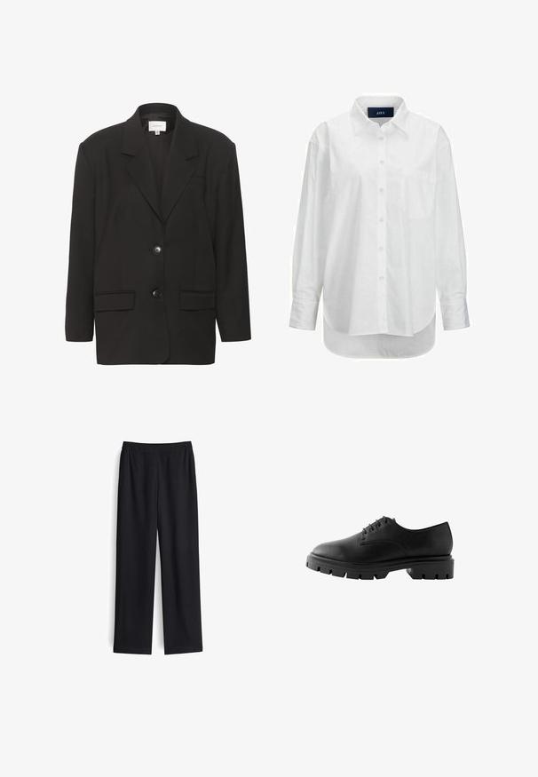 Schwarze Blazer mit Reverskragen, zwei Taschen vorne und zwei Knöpfen. Glattes Material mit taillierter Passform und strukturierten Schultern.; Weißes Langarmhemd aus glattem Baumwollstoff mit Button-Down-Kragen, Brusttasche und abgerundetem Saum. Verfügt über eine Schulterpasse für zusätzliche Struktur.; Schwarze weite Hose aus glattem Stoff mit elastischem Bund und ohne sichtbare Taschen. Gerade Form mit sauberem Finish.; Schwarzer Lederschuh mit abgerundetem Zehenbereich, sechs Ösen, flachen Schnürsenkeln und einer stabilen Gummisohle mit tiefen Profilmustern.
