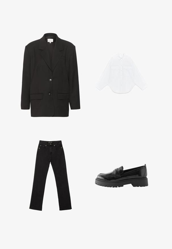 Sort blazer med sbobetter, to forlommer og to knapper. Glat stof med en skræddersyet pasform og strukturerede skuldre.; Hvid skjorte med lange ærmer, knapper, spids krave og to forlommer med klapper og knapper, lagt fladt på en hvid baggrund.; Sorte denim jeans med lige ben, fem lommer og diskrete kobbernitter. Lavet af slidstærkt bomuldsstof.; Sorte lakerede loafers har en lav platformssål med en robust træd og en quiltet detalje over midtfoden.