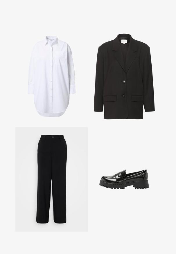 Sort blazer med sbobetter, to forlommer og to knapper. Glat stof med en skræddersyet pasform og strukturerede skuldre.; Overdimensioneret hvid skjorte med lange ærmer, spidst krave, forlommer og let buet nederkant.; Sorte breddebenbukser lavet af et glat stof. Har en taljebånd med en knaplukning og detaljer med frontfolder.; Sort læderloafer med kraftig rillede sål og lav blokhæl, med mok-tå og remdetalje over toppen.