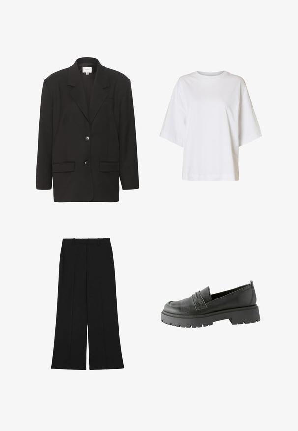 Sort blazer med sbobetter, to forlommer og to knapper. Glat stof med en skræddersyet pasform og strukturerede skuldre.; Løs hvid T-shirt med korte ærmer, sænkede skuldre og rund halsudskæring på ensfarvet baggrund.; Sorte bukser med vide ben lavet af et glat stof. De har høj talje, dobbelt forreste læg og bæltestropper. Ingen synlige lommer eller pynt.; Sorte læder loafers med en tekstureret overflade, fremtrædende syning og en tykk sort gummisåle med mønster.