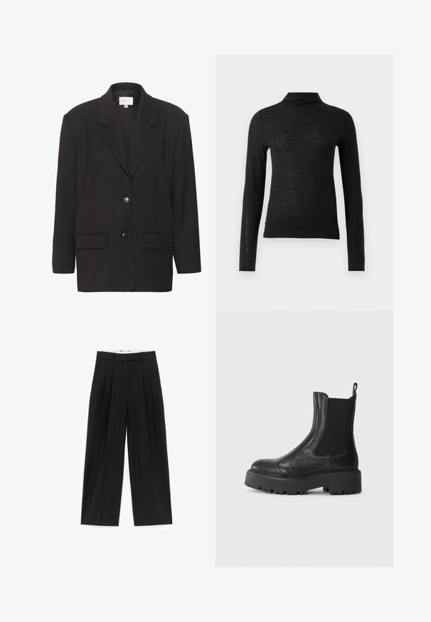 Zwarte blazer met ingezette revers, twee voorzakken en twee knopen. Glad materiaal met een getailleerde pasvorm en gestructureerde schouders.; Zwarte lange mouwen turtleneck top gemaakt van een gestructureerd materiaal, met een slim fit en minimalistisch ontwerp zonder zichtbare patronen of hardware.; Zwarte broek met wijde pijpen, voorplooien, riemlussen en zijzakken, ontworpen voor een getailleerde pasvorm.; Zwarte leren enkelboot met elastische zijpanelen, een ronde neus en een chunky, getextureerde rubberen zool. Voorzien van een treklabel aan de achterkant.