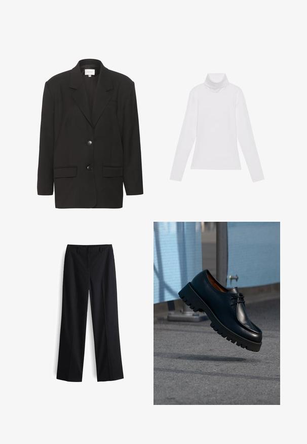 Zwarte blazer met ingezette revers, twee voorzakken en twee knopen. Glad materiaal met een getailleerde pasvorm en gestructureerde schouders.; Witte lange mouw turtleneck top gemaakt van glad, elastisch materiaal. Voorzien van een hoge kraag en een getailleerd ontwerp, zonder zichtbare patronen of versieringen.; Zwarte wijde broek met een gladde stof, een platte voorkant, riemlussen en zijzakken, ontworpen voor een relaxte pasvorm.; Zwarte leren schoen met dikke zool die boven een grijs voetpad zweeft, met blauwe bouwhekken op de achtergrond.