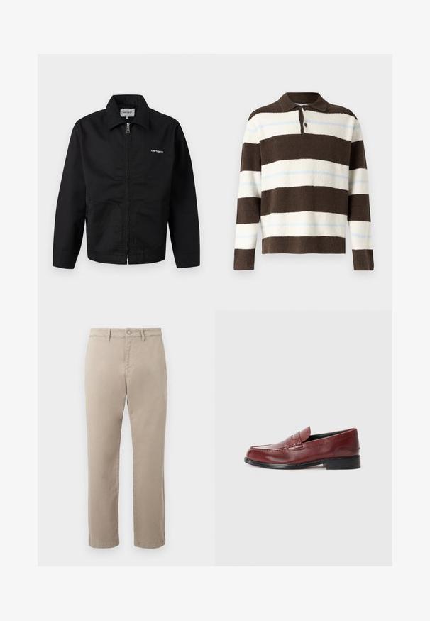 Sort lynlåsjakke med krave, lange ærmer og hvidt "Carhartt"-logo på brystet, vist mod en ensfarvet baggrund.; Langærmet polo-sweater med brede mørkebrune, hvide og tynde lyseblå vandrette striber, knappet krave og ribstrikkede manchetter.; Beige bukser med lige ben, knap- og lynlåslukning, bæltestropper og forlommer.; Burgunderfarvet læder loafer med en glat finish, dekorativ søm og en rund tå. Har en lav sort hæl.