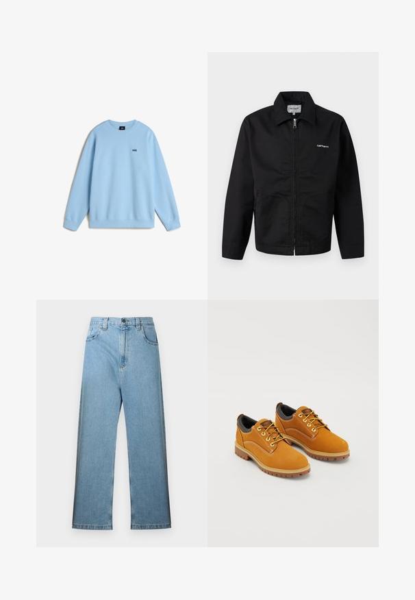 Zwarte jas met ritssluiting, kraag, lange mouwen en witte "Carhartt"-logo op de borst, afgebeeld tegen een effen achtergrond.; Lichtblauwe sweatshirt van zacht materiaal, met een ronde hals en lange mouwen. Klein zwart "VANS" logo op de borst. Relaxte pasvorm.; Lichtblauwe spijkerbroek met een hoge taille, wijd pijpontwerp, ceintuurlussen en vijf zakken. De stof heeft een gladde textuur met minimale vervaging.; Bruine suède schoenen met een ronde neus, gele veters, een gewatteerde zwarte kraag en rubberen zolen met gripgroeven.