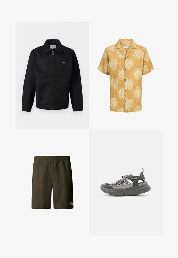 Zwarte jas met ritssluiting, kraag, lange mouwen en witte "Carhartt"-logo op de borst, afgebeeld tegen een effen achtergrond.; Mosterdgeel overhemd met korte mouwen, knoopsluiting, beige zonnestraalpatroon en campkraag op een witte achtergrond.; Olivengroene cargo shorts met een elastische tailleband en trekkoord, met een klein logo aan de onderzijde rechts. Glad, lichtgewicht stof.; Sportieve grijze sandaal met een geweven bovenwerk, dikke gevoerde zool, hiel lus en verstelbaar koordveter voor buiten- en casual gebruik.