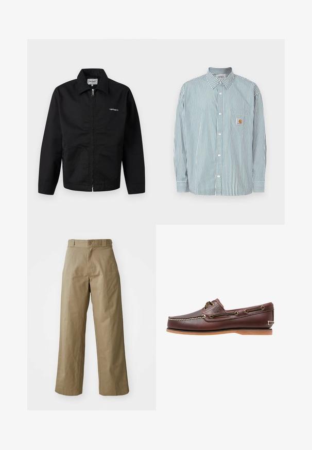 Sort lynlåsjakke med krave, lange ærmer og hvidt "Carhartt"-logo på brystet, vist mod en ensfarvet baggrund.; Stribet skjorte i grøn og hvid med knappet krave, lange ærmer, brystlomme og et lille logomærke.; Khaki bredde ben bukser lavet af bomuldsblandingsstof, med en enkelt knaplukning og synlige sidelommer. Glat tekstur, plisseret detalje.; Brun læder bådsko med hvide sømme, snøre detaljer og lysbrun gummisål, vist fra siden på hvid baggrund.