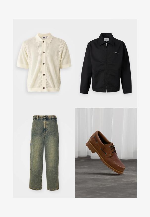 Veste noire à fermeture éclair avec col, manches longues, et logo blanc "Carhartt" sur la poitrine, présentée sur un fond uni.; Gilet en tricot à manches courtes de couleur jaune pâle avec un col uni contrasté, cinq boutons marron et des motifs texturés sur le devant.; Jeans en denim ample avec un délavage bleu et vert. Comprend une fermeture à bouton, des passants de ceinture et des poches latérales. Pas de pli à l'avant et design à jambe droite.; Chaussure de bateau en cuir marron avec des lacets noirs, des coutures beiges et une semelle robuste, suspendue au-dessus d'un sol en béton gris.