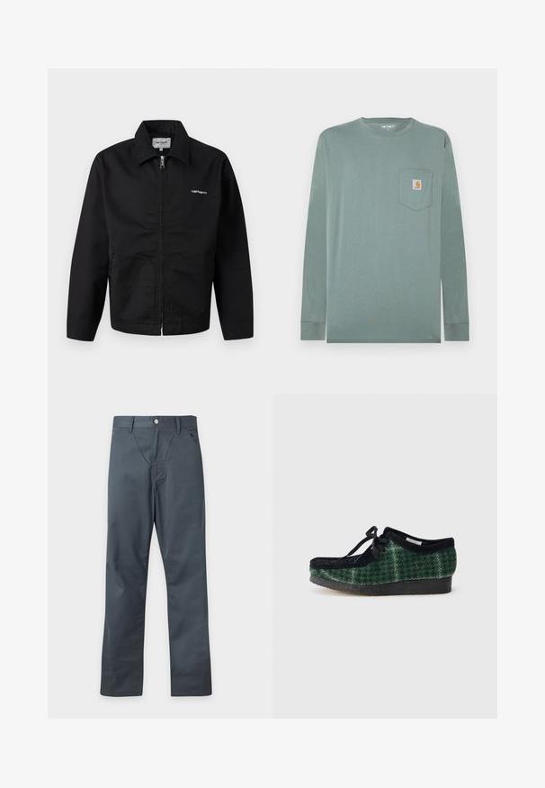 Must musta lukuga jakk kraega, pikkade varrukatega ja valge "Carhartt" logoga rinnal, eksponeeritud ühetaustal.; Pikkade varrukatega särk helerohelisest puuvillast, ümar kaelusega, millel on vasakul rinnal tasku ning oranži ja valgega logomärk.; Tumesinised sirge säärega püksid ees nööbi ja lukuga, küljetaskute ja vööaasaedega, esitatud helel lihtsal taustal.; Roheline ja musta mustriga kingad, millel on sametist ülemine osa, ümar varvas, paelad ja tekstuuriga kummine tald.