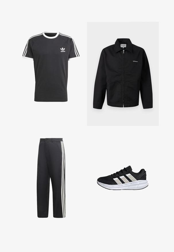 Zwarte jas met ritssluiting, kraag, lange mouwen en witte "Carhartt"-logo op de borst, afgebeeld tegen een effen achtergrond.; Zwarte T-shirt met witte kraag en mouwtrims, voorzien van drie witte horizontale strepen op elke schouder en een klein wit Adidas-logo.; Zwarte broek met rechte pijpen en drie witte verticale strepen langs de buitenkant van elk been.; Zwarte sportschoenen met een bovenwerk van mesh en witte accenten, voorzien van drie opvallende strepen. Lichtgewicht zool met Cloudfoam-technologie.