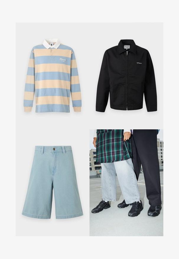 Veste noire à fermeture éclair avec col, manches longues, et logo blanc "Carhartt" sur la poitrine, présentée sur un fond uni.; Maillot de rugby à manches longues avec larges rayures horizontales beige et bleu clair, col blanc et texte "Element Co. 1992" sur la poitrine.; Shorts en denim bleu clair jusqu'aux genoux avec fermeture par bouton et zip, passants pour ceinture, et jambes larges sur fond blanc uni.; Baskets de sport noires avec des accents en mesh et en caoutchouc. Portées avec un jean large gris clair et un haut à carreaux vert. Fond à surface plane.