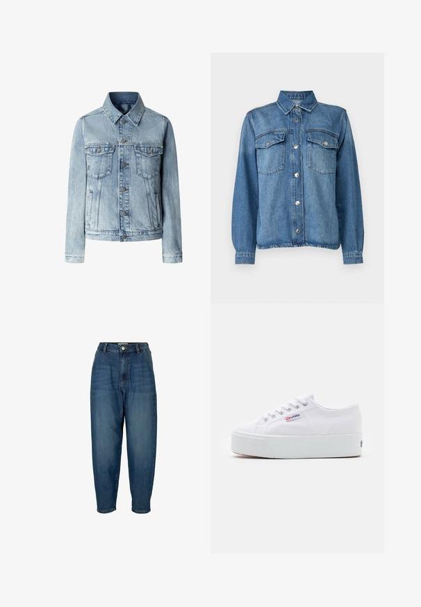 Chaqueta de denim azul claro con mangas largas, cierre de botones en el frente, dos bolsillos con solapa en el pecho y bolsillos laterales con aberturas.; Chaqueta de mezclilla de color azul claro con cierre frontal de botones, dos bolsillos en el pecho, cuello de punta y mangas largas con puños abotonados.; Vaqueros de mezclilla azul de cintura alta con un corte relajado, que presentan bolsillos frontales, cierre de cremallera y un leve desgaste en la tela.; Zapatilla de lona blanca con una gruesa suela de plataforma blanca, punta redonda y ojales de metal para los cordones. Logotipo de la marca mostrado en el lateral.