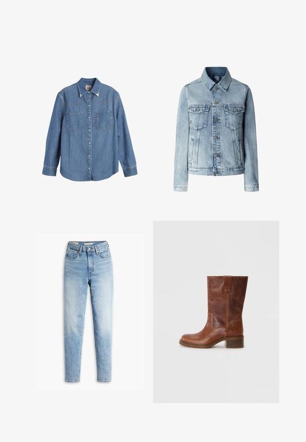 Lichtblauwe spijkerjas met lange mouwen, knoopsluiting aan de voorkant, twee borstflapzakken en zijzakken met split.; Lichtblauwe denim overhemden met lange mouwen, puntige kraag, twee borstzakken en contrasterende stiksels. Heeft een westers stijl yoke ontwerp.; Lichtblauwe denim jeans met een hoge taille, rechte pijpen, vervagingdetails van boven de dijen tot aan de enkels en een klassieke vijf-pocketstijl.; Bruine leren kniehoge laars met een ronde neus, contrasterende zijpaneel en een lage blokhak. Voorzien van een achtertegel en metalen studs.