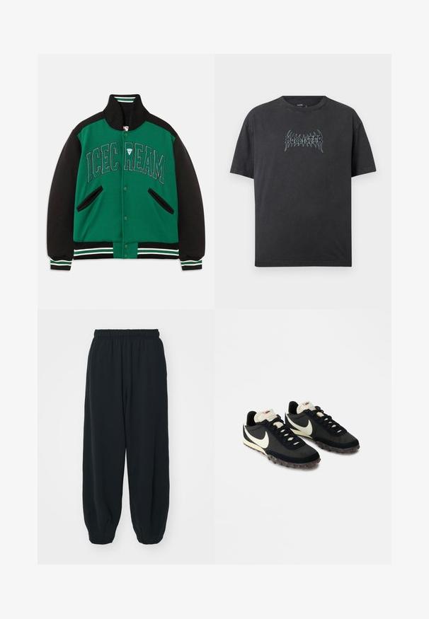 Groene en zwarte varsity jack met ribgebreide kraag en manchetten, geborduurde "ICE CREAM" lettering en zijzakken.; Zwarte T-shirt met korte mouwen en ronde hals met gestileerde lichtblauwe "Hollister"-tekst in het midden van de borst.; Zwarte, elastiche sweatpants met een losse pasvorm, manchetten aan de enkels, een zachte textuur en zonder zichtbare patronen of hardwareaccenten.; Zwarte sportieve schoenen met een gestructureerde bovenkant, witte swoosh-logo en rubberen zool met kleine noppen voor grip. Crèmekleurige kraag.