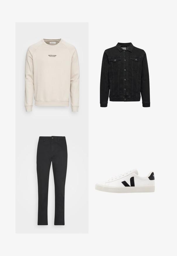 Veste en jean noire avec fermeture à boutons devant, deux poches poitrine à rabat boutonné, manches longues et col classique.; Sweatshirt de couleur crème avec des manches raglan, des poignets côtelés et un ourlet côtelé. Présente un logo en texte noir à l'avant. Tissu doux et texturé.; Pantalon noir à jambes droites en mélange de coton. Comprend une fermeture à bouton à l'avant et des poches standard ; texture lisse avec une finition mate.; Sneaker blanche en cuir avec des accents en daim noir ; dispose d'une semelle en caoutchouc, d'un bout rond et d'un design classique à lacets. Logo latéral en noir.