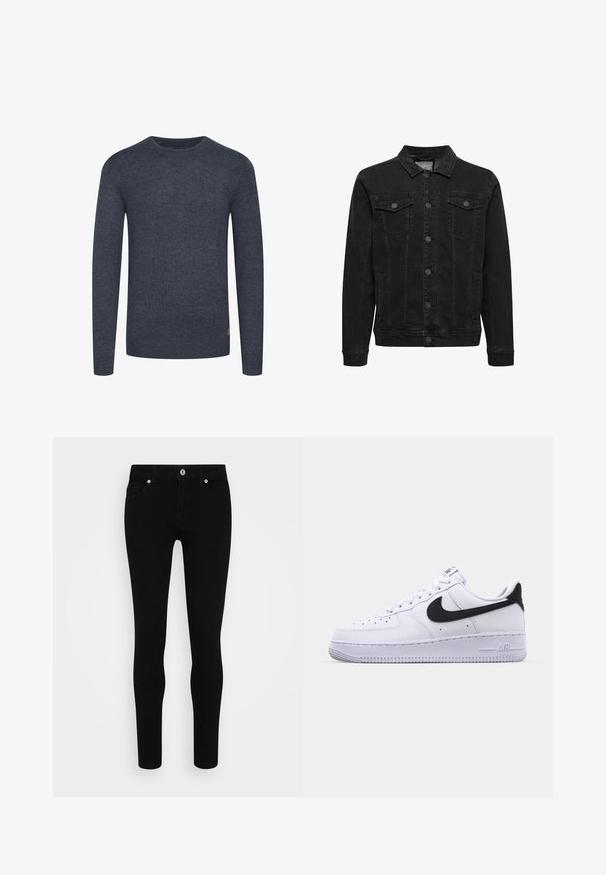 Veste en jean noire avec fermeture à boutons devant, deux poches poitrine à rabat boutonné, manches longues et col classique.; Pull en maille bleu marine à manches longues et col rond. Présente une texture lisse et des poignets et un ourlet côtelés. Petit logo en accent en bas.; Jean skinny noir avec une texture lisse, conception à cinq poches, fermeture à bouton sur le devant et silhouette épurée. Style minimaliste sans motifs visibles.; Sneaker en cuir blanc avec un Swoosh noir texturé, des lacets plats et une semelle en caoutchouc avec un motif strié. "AIR" est embossé sur le talon.