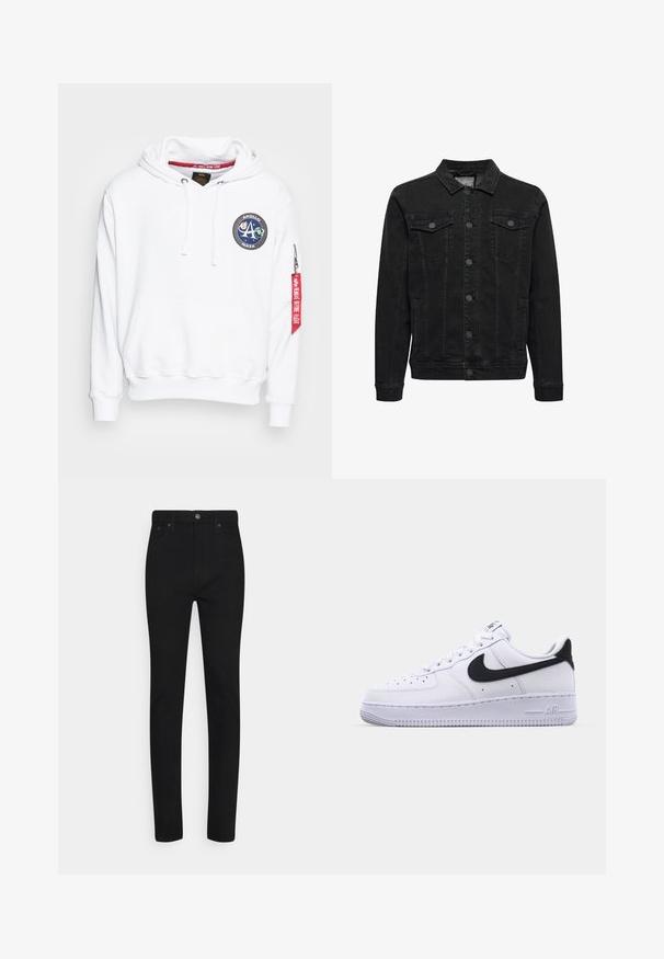 Čierna džínsová bunda so zapínaním na gombíky vpredu, dve náprsné vrecká s klopami a gombíkmi, dlhé rukávy a klasický golier.; Alpha Industries MISSION HOODY - Mikina s kapucňou - white; Čierne džíny skinny s vysokým pásom, s predným zápínaním na gombík a piatimi vreckami. Hladká textúra a prispôsobený strih.; Biele kožené tenisky s textúrovaným čiernym Swooshom, plochými šnúrkami a gumovou podrážkou s ryhovaným vzorom. Na päte je embosovaný nápis "AIR".