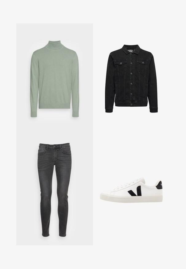 Veste en jean noire avec fermeture à boutons devant, deux poches poitrine à rabat boutonné, manches longues et col classique.; Pull col roulé vert clair à manches longues avec poignets et bas côtelés, présenté sur un fond blanc uni.; Jeans noirs slim avec une texture lisse, présentant un design classique à cinq poches et un léger dégradé sur le devant.; Sneaker blanche en cuir avec des accents en daim noir ; dispose d'une semelle en caoutchouc, d'un bout rond et d'un design classique à lacets. Logo latéral en noir.