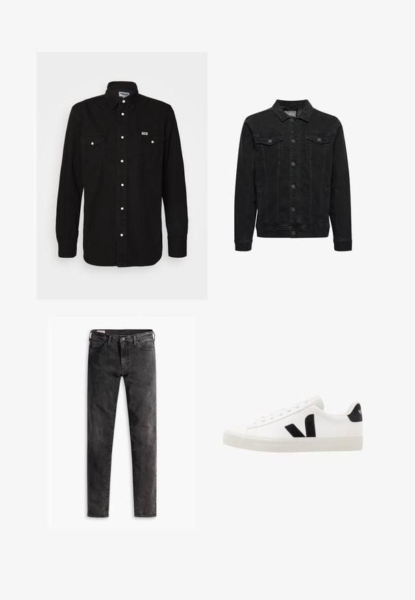 Zwarte spijkerjas met knoopsluiting aan de voorkant, twee borstzakken met klep en knoop, lange mouwen en een klassieke kraag.; Zwarte blouse met een puntige kraag, twee borstzakken, witte drukknoopsluitingen en een gestructureerde stof. Wrangler-logo op de linker borst.; Zwart vervaagde jeans in slim-fit stijl met voorzakken, riemlussen en een knoopsluiting, plat liggend op een witte achtergrond.; Witte leren sneaker met zwarte suède accenten; voorzien van een rubberen zool, ronde neus en een klassieke vetersluiting. Zijkant met logo in het zwart.