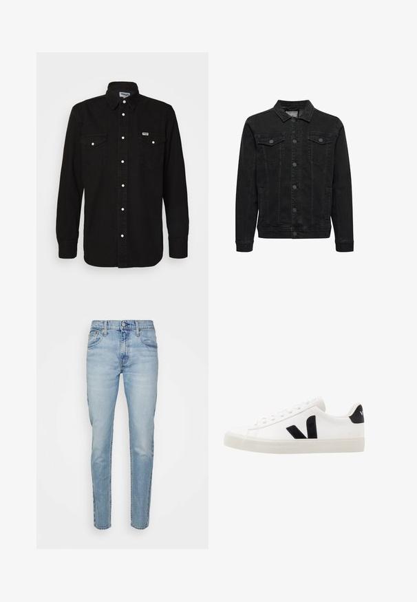 Schwarze Jeansjacke mit Knopfleiste, zwei Brusttaschen mit Klappen und Knöpfen, langen Ärmeln und klassischem Kragen.; Schwarzes Button-Up-Hemd mit spitzem Kragen, zwei Brusttaschen, weißen Druckknöpfen und strukturiertem Stoff. Wrangler-Logo auf der linken Brust.; Levi's® 512® SLIM TAPER LO BALL - Jeans Slim Fit - z2203 light indigo worn in; Weiße Leder-Sneaker mit schwarzen Wildlederelementen; verfügen über eine Gummisohle, eine runde Spitze und ein klassisches Schnürdesign. Seitliches Logo in Schwarz.
