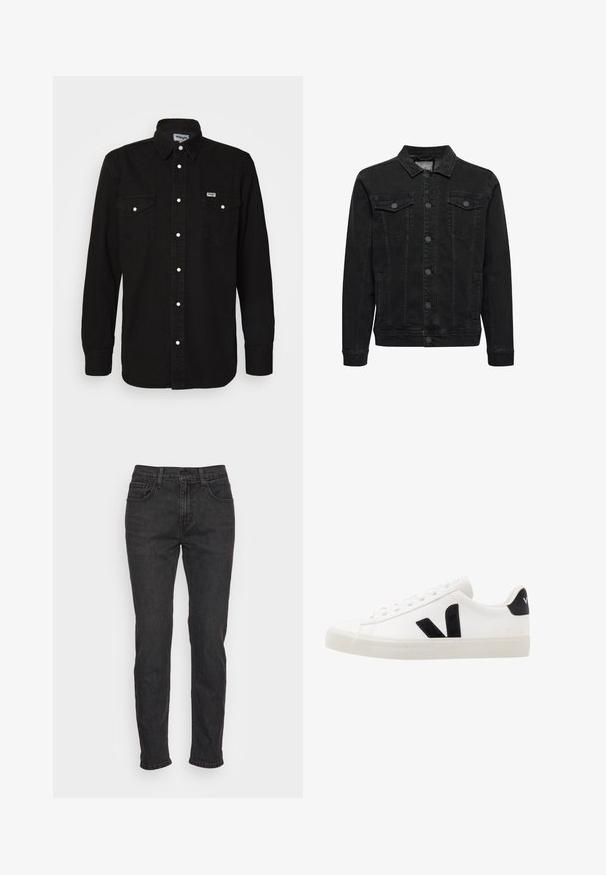 Veste en jean noire avec fermeture à boutons devant, deux poches poitrine à rabat boutonné, manches longues et col classique.; Chemise noire à manches longues avec col pointu, deux poches poitrine, boutons-pression blancs et tissu texturé. Logo Wrangler sur la poitrine gauche.; Jean en denim noir avec une coupe ajustée, comportant cinq poches, des passants de ceinture et des détails de couture subtils. Texture usée sur le tissu.; Sneaker blanche en cuir avec des accents en daim noir ; dispose d'une semelle en caoutchouc, d'un bout rond et d'un design classique à lacets. Logo latéral en noir.