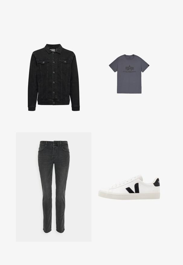 Sort denimjakke med knaplukning foran, to brystlommer med klap og knapper, lange ærmer og klassisk krave.; Grå bomulds t-shirt med rund hals, med et sort trykt logo-design foran. Korte ærmer og almindelig pasform.; Sorte denim jeans med lige ben, fem lommer og diskret syning på sømmene. Stoffet har en glat, let tekstureret overflade.; Hvide lædersneakers med sorte ruskindsdetaljer; har en gummisål, rund tå og klassisk snørebåndsdesign. Side logo i sort.