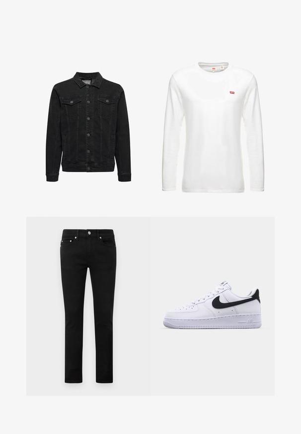 Sort denimjakke med knaplukning foran, to brystlommer med klap og knapper, lange ærmer og klassisk krave.; Hvid langærmet t-shirt lavet af bomuld, med en rund halsudskæring og et lille rødt Levi's logo på brystet. Enkel, klassisk design.; Sorte tætsiddende jeans med fem lommer, metalknap og bæltestropper, præsenteret fladt på en hvid baggrund.; Hvide lædersneakers med en struktureret sort Swoosh, flade snørebånd og en gummisål med et rillemønster. "AIR" er præget på hælen.