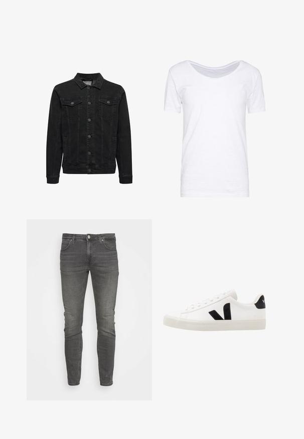 Zwarte spijkerjas met knoopsluiting aan de voorkant, twee borstzakken met klep en knoop, lange mouwen en een klassieke kraag.; Witte korte mouwen t-shirt, ronde halslijn, zachte textuur, ontspannen pasvorm, gemaakt van lichtgewicht stof met een lichte rek. Geen patronen of accenten.; Grijze denim skinny jeans met een klassieke vijf-pocketontwerp, voorzien van een knoopsluiting en minimalistische stiksels op een gladde textuur.; Witte leren sneaker met zwarte suède accenten; voorzien van een rubberen zool, ronde neus en een klassieke vetersluiting. Zijkant met logo in het zwart.