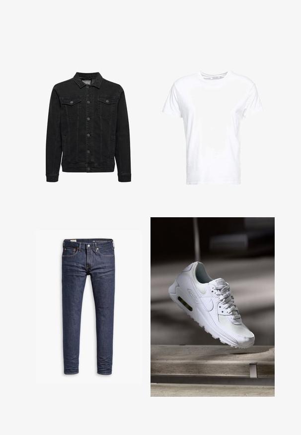 Sort denimjakke med knaplukning foran, to brystlommer med klap og knapper, lange ærmer og klassisk krave.; Hvid bomulds t-shirt med rund halsudskæring og korte ærmer, i en klassisk pasform og glat tekstur. Ingen mønstre eller hardware synlige.; Mørkeblå slim-fit Levi's Performance jeans med fem lommer og synlig syning på hvid baggrund.; Hvide Nike Air Max 90 sneakers med en overdel i mesh og læder, perforeret tåboks og en synlig luftenhed i hælen.