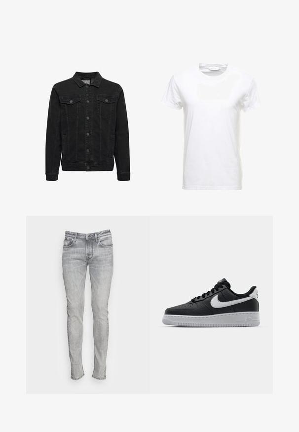 Sort denimjakke med knaplukning foran, to brystlommer med klap og knapper, lange ærmer og klassisk krave.; Hvid bomulds T-shirt med korte ærmer, rund halsdesign og en glat tekstur. Etiket synlig ved halsudskæringen. Enkel og klassisk stil.; Smal passform grå denim jeans med fem lommer, en knaplukning og kontraststing. Stoffet har et let falmet og struktureret udseende.; Sort lædersneaker med tekstureret overflade, hvid Nike swoosh, grå sål, rund tå og snørebåndsdesign. Har perforeringer på tåboksen.