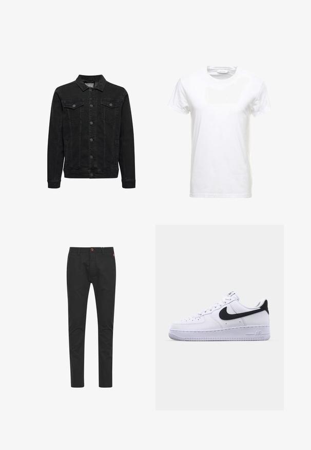 Zwarte spijkerjas met knoopsluiting aan de voorkant, twee borstzakken met klep en knoop, lange mouwen en een klassieke kraag.; Witte katoenen T-shirt met korte mouwen, ronde halsontwerp en een gladde textuur. Label zichtbaar bij de halslijn. Eenvoudige en klassieke stijl.; Zwarte chinos met een slim fit, gemaakt van katoen, voorzien van een bruine knoopsluiting, vier zakken en klassieke stikseldetails.; Witte leren sneaker met een gestructureerde zwarte Swoosh, platte veters en een rubberen zool met een geribbeld patroon. "AIR" is in de hak geperst.