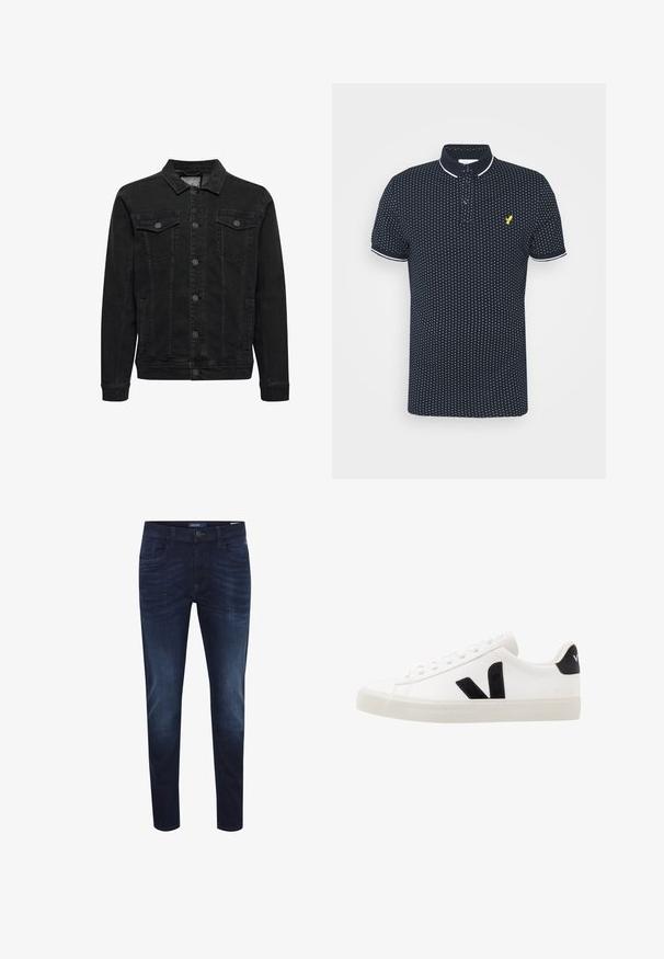 Chaqueta vaquera negra con cierre de botones en la parte delantera, dos bolsillos con solapa y botón en el pecho, mangas largas y cuello clásico.; Polo navy con un pequeño patrón de puntos blancos, mangas cortas, acentos blancos en el cuello y los puños, y un logo amarillo en el pecho.; Jeans de mezclilla azul oscuro con un corte slim, diseño de cinco bolsillos, sutil desgaste en la tela, cierre de botón y etiqueta con el logo en la parte trasera de la cinturilla.; Zapatilla de cuero blanca con acentos de ante negro; presenta una suela de goma, puntera redonda y un diseño clásico de cordones. Logo lateral en negro.