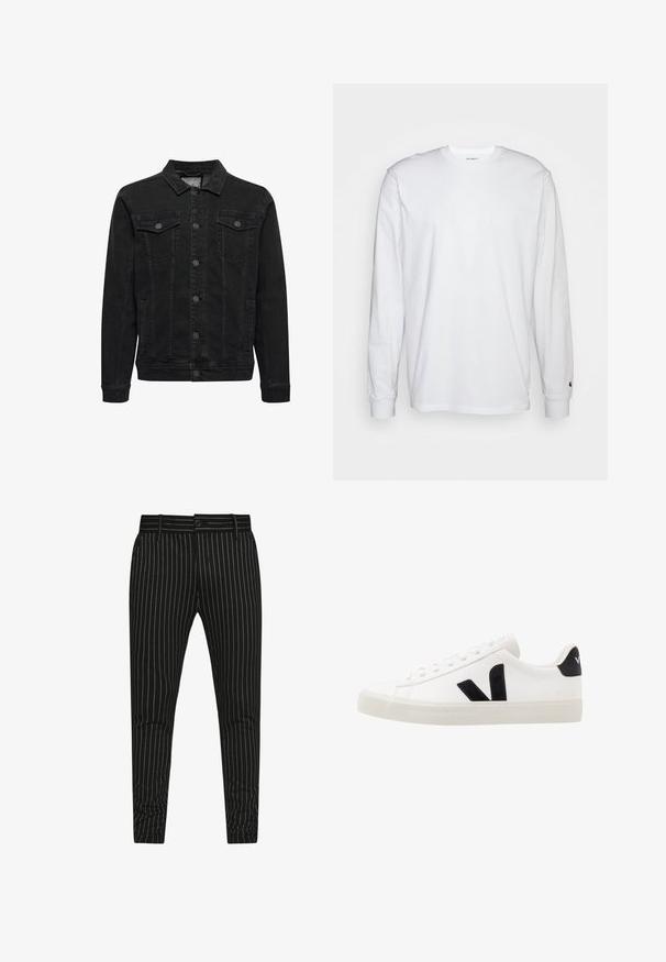 Schwarze Jeansjacke mit Knopfleiste, zwei Brusttaschen mit Klappen und Knöpfen, langen Ärmeln und klassischem Kragen.; Weißes Langarm-T-Shirt aus Baumwolle. Rundhals-Design mit gerippten Bündchen und kleinem Logo auf dem linken Ärmel. Glatte Textur.; Schwarz gestreifte Hose mit vertikalen weißen Streifen, schlanker Schnitt und Knopfverschluss mit Gürtelschlaufen für eine verstellbare Passform.; Weiße Leder-Sneaker mit schwarzen Wildlederelementen; verfügen über eine Gummisohle, eine runde Spitze und ein klassisches Schnürdesign. Seitliches Logo in Schwarz.