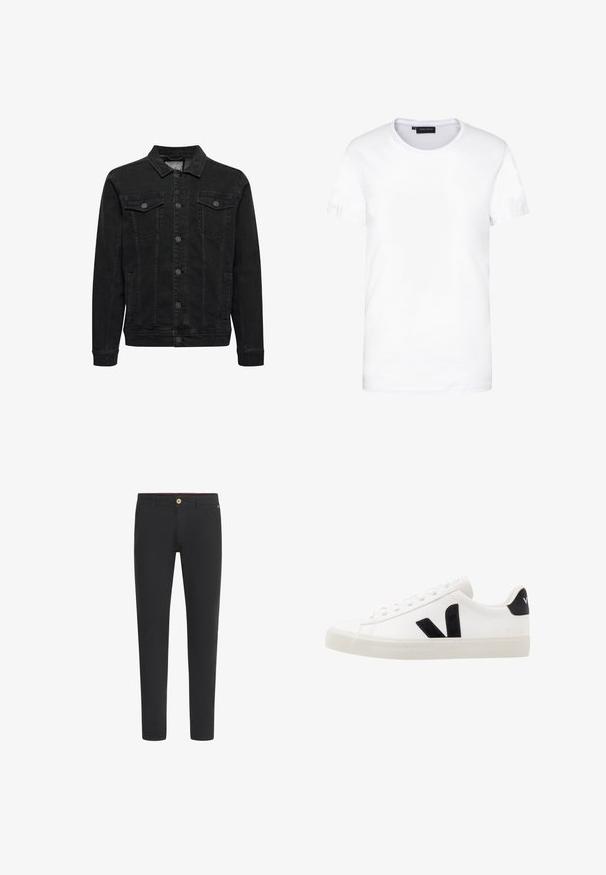 Veste en jean noire avec fermeture à boutons devant, deux poches poitrine à rabat boutonné, manches longues et col classique.; T-shirt en coton blanc, à manches courtes, col rond, design uni, texture douce, coupe droite, taille standard, sans motifs ni accents visibles.; Pantalon noir slim avec passants de ceinture, poches avant et fermeture par bouton à la taille.; Sneaker blanche en cuir avec des accents en daim noir ; dispose d'une semelle en caoutchouc, d'un bout rond et d'un design classique à lacets. Logo latéral en noir.