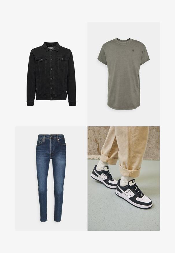 Zwarte spijkerjas met knoopsluiting aan de voorkant, twee borstzakken met klep en knoop, lange mouwen en een klassieke kraag.; G-STAR LASH - T-shirt basic - GREY; Donkerblauwe denim jeans met een aansluitend ontwerp, voorzien van vijf zakken, een knoopsluiting aan de voorkant en oranje stiksels.; Zwart-witte Nike Air Force 1 sneakers met een leren bovenwerk, geperforeerde neus en gestructureerde zooldetails, gedragen met opgerolde beige broek en witte sokken.