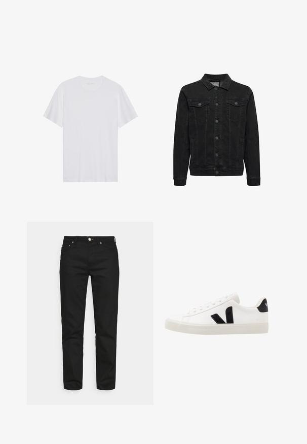 Veste en jean noire avec fermeture à boutons devant, deux poches poitrine à rabat boutonné, manches longues et col classique.; T-shirt en coton blanc à manches courtes, col rond et texture lisse. Présente un branding minimal au niveau du col.; Won Hundred ARCHER - Jeans fuselé - rinse black; Sneaker blanche en cuir avec des accents en daim noir ; dispose d'une semelle en caoutchouc, d'un bout rond et d'un design classique à lacets. Logo latéral en noir.