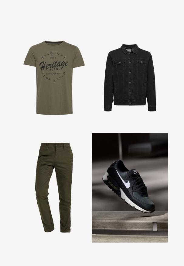 Veste en jean noire avec fermeture à boutons devant, deux poches poitrine à rabat boutonné, manches longues et col classique.; T-shirt en coton vert olive avec un col rond, comportant un texte imprimé noir : "Original No. 1 Heritage Blend Claim Your Rights" dans un design circulaire.; Chinos vert olive en mélange de coton durable, présentant une coupe slim, un devant plat, des poches standard et une fermeture à bouton sécurisée.; Baskets Nike Air Max noires et grises avec un logo blanc, suspendues au-dessus d'une surface en béton sur un fond sombre flou.