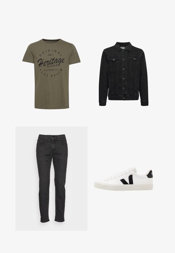 Zwarte spijkerjas met knoopsluiting aan de voorkant, twee borstzakken met klep en knoop, lange mouwen en een klassieke kraag.; Olijfgroen katoenen t-shirt met ronde hals, voorzien van zwarte bedrukte tekst: "Original No. 1 Heritage Blend Claim Your Rights" in een circulair ontwerp.; Zwarte denim jeans met een slim fit, voorzien van vijf zakken, riemlussen en subtiele stiksels. Versleten textuur over de stof.; Witte leren sneaker met zwarte suède accenten; voorzien van een rubberen zool, ronde neus en een klassieke vetersluiting. Zijkant met logo in het zwart.