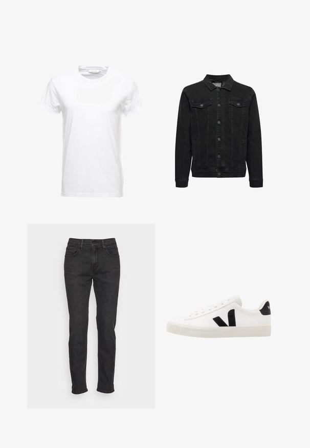 Veste en jean noire avec fermeture à boutons devant, deux poches poitrine à rabat boutonné, manches longues et col classique.; T-shirt en coton blanc à manches courtes, design col rond et texture lisse. Étiquette visible au niveau du col. Style simple et classique.; Jean en denim noir avec une coupe ajustée, comportant cinq poches, des passants de ceinture et des détails de couture subtils. Texture usée sur le tissu.; Sneaker blanche en cuir avec des accents en daim noir ; dispose d'une semelle en caoutchouc, d'un bout rond et d'un design classique à lacets. Logo latéral en noir.